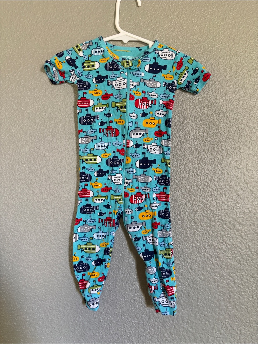 One-Piece Open Foot Pajamas in Aqua Submarine Print